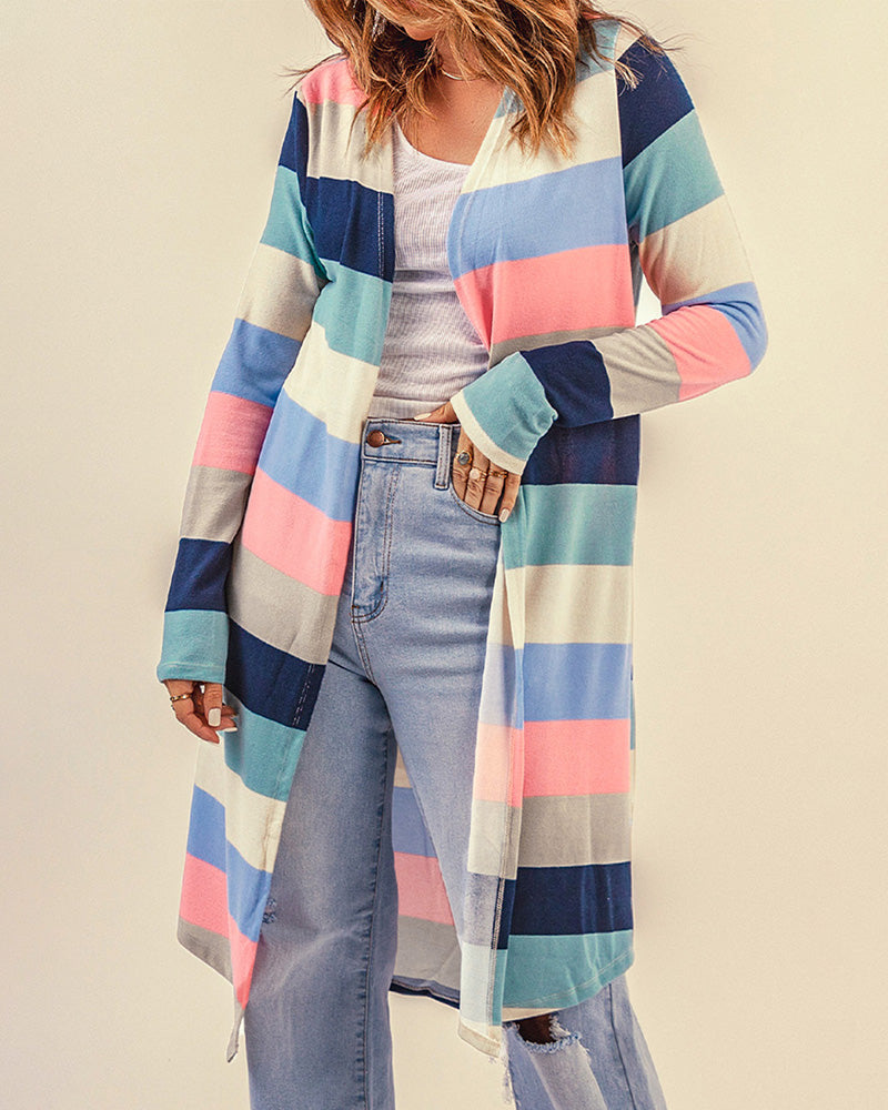 Longline - Open Cardigan with Pockets and Long Knitted Sleeves